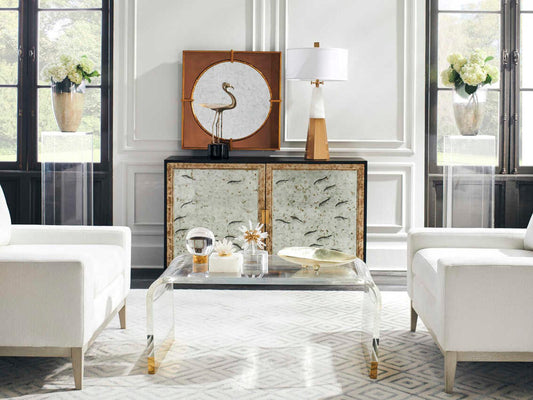 Waterfall Coffee Table with Clear Acrylic and Antique Brass Feet