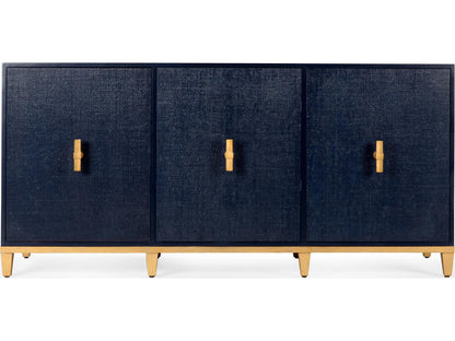 Avery Wood Console Table in Navy with Raffia Doors and Gold Leaf Hardware