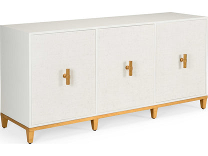 Avery Console Table in White with Raffia Doors and Gold Leaf Hardware