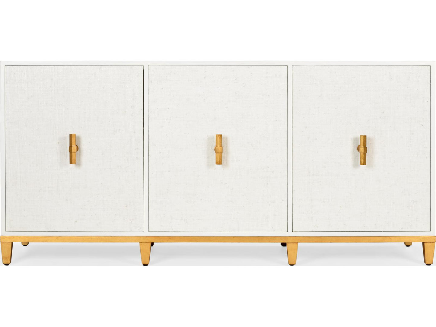 Avery Console Table in White with Raffia Doors and Gold Leaf Hardware