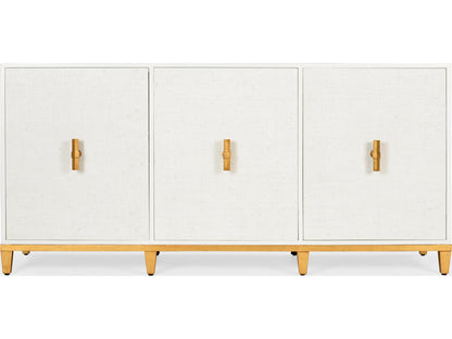 Avery Console Table in White with Raffia Doors and Gold Leaf Hardware