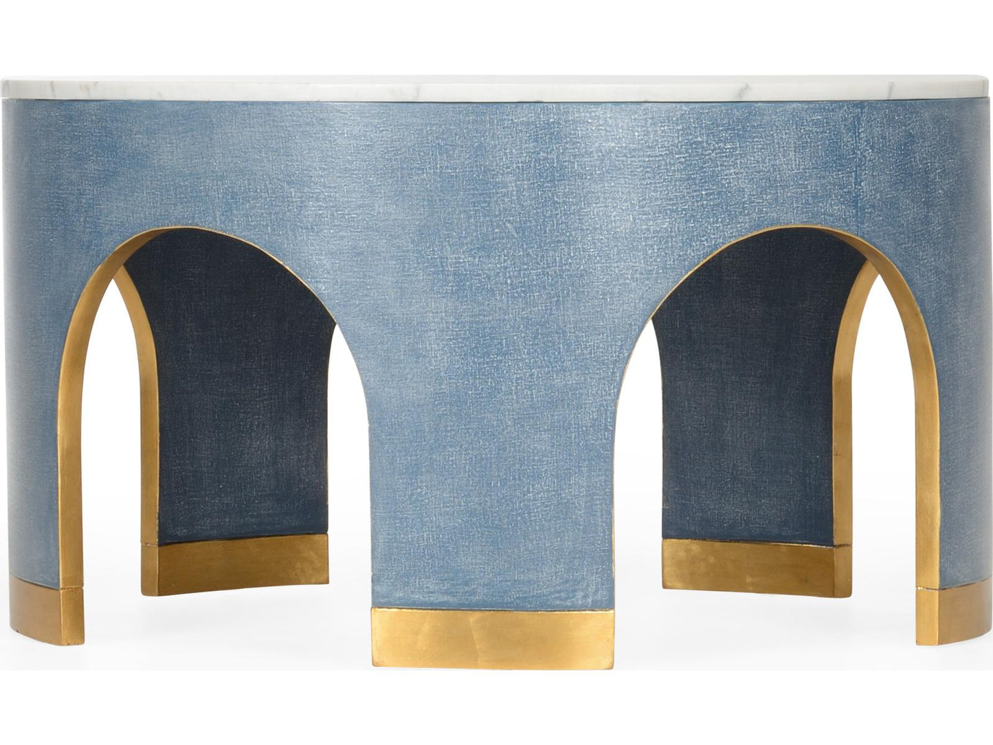 Elizabeth Wicker Aqueduct Round Marble Blue White Cocktail Table -