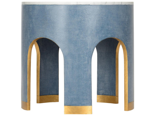Elizabeth Wicker Aqueduct Round Marble Blue White End Table -