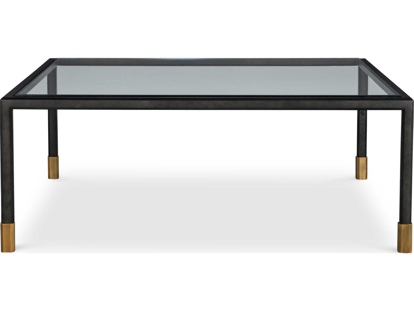 Jennings Square Coffee Table Tempered Glass with Bronze Metal and Brass Trim