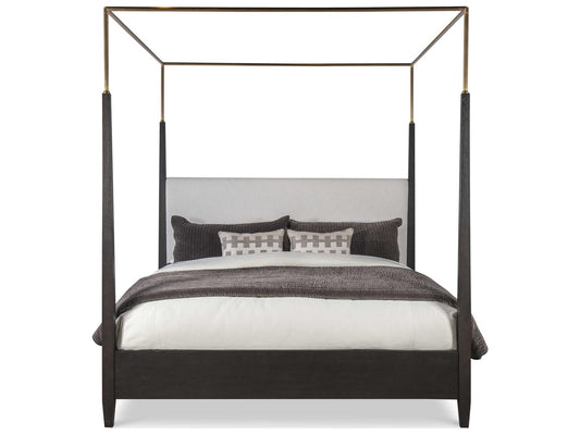 Cadence Mocha Antique Brass Brown Oak Wood King Canopy Bed
