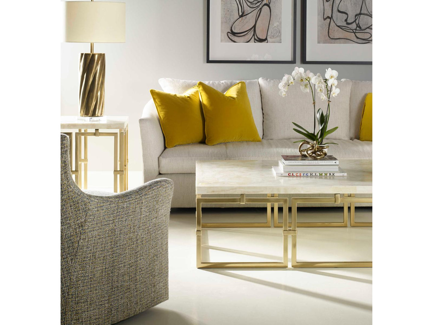 Grand Tour Links Rectangle Coffee Table in Brass and Crystal Stone Quartz