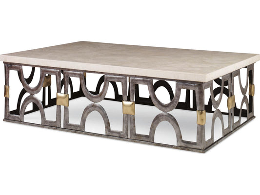 Grand Tour Rectangle Coffee Table in White Onyx Stone and Bronze