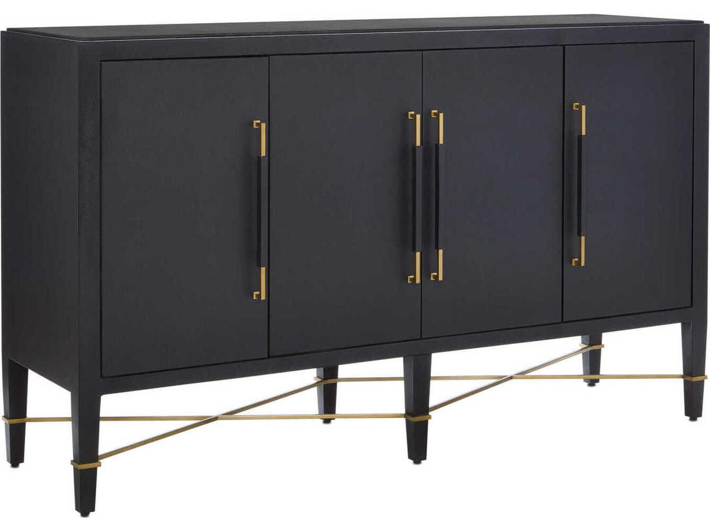 Currey and Company Verona Black Lacquered Linen Sideboard with Champagne Details