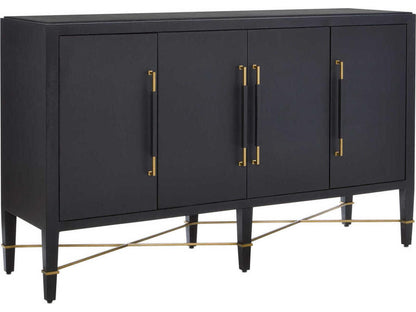 Currey and Company Verona Black Lacquered Linen Sideboard with Champagne Details