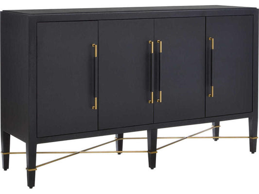 Currey and Company Verona Black Lacquered Linen Sideboard with Champagne Details
