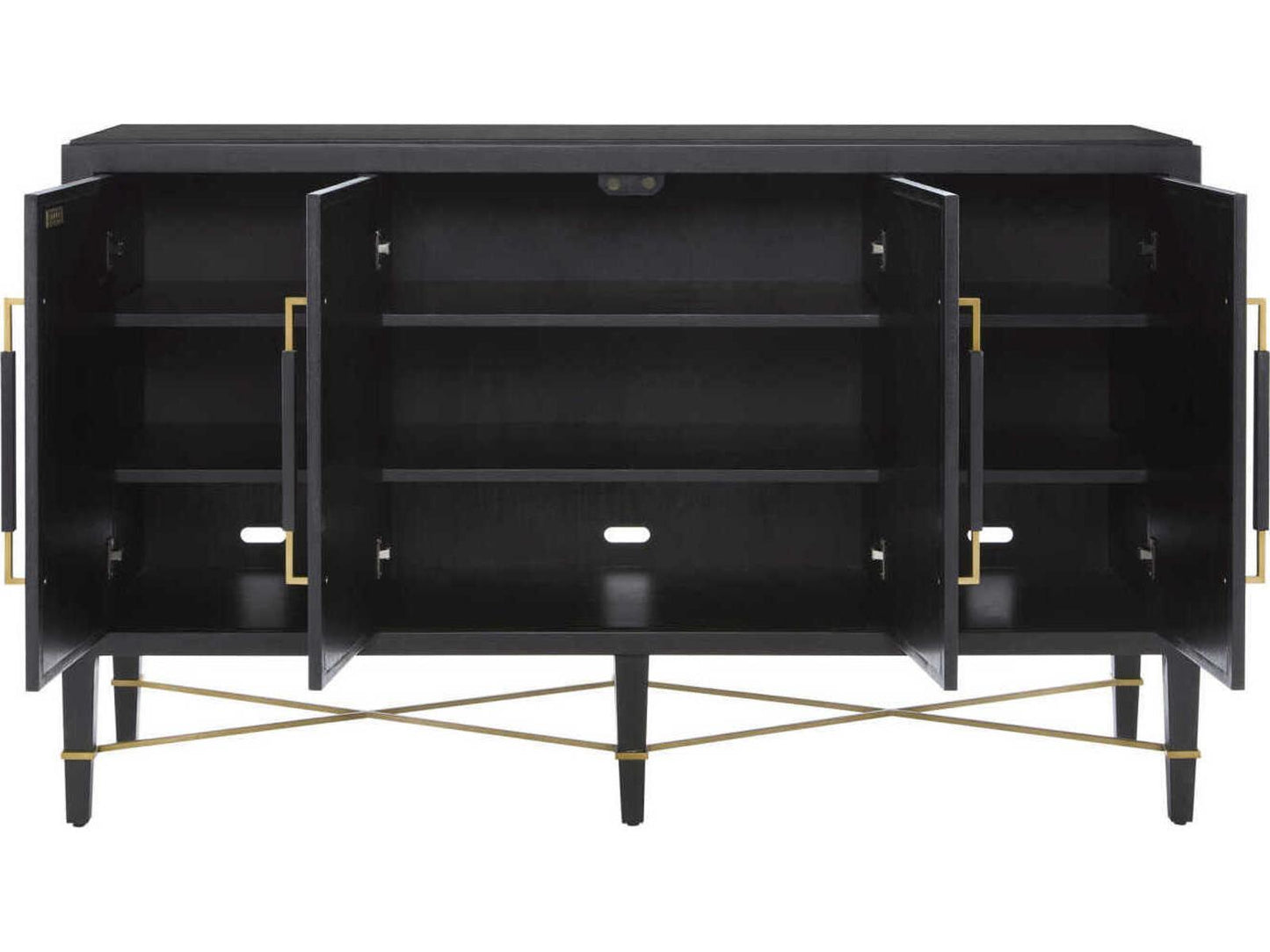 Currey and Company Verona Black Lacquered Linen Sideboard with Champagne Details
