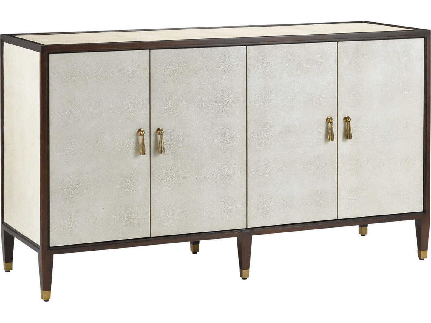 Currey and Company Evie Shagreen Credenza in Ivory and Dark Walnut with Brass Pulls