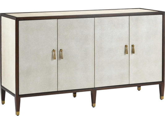 Currey and Company Evie Shagreen Credenza in Ivory and Dark Walnut with Brass Pulls
