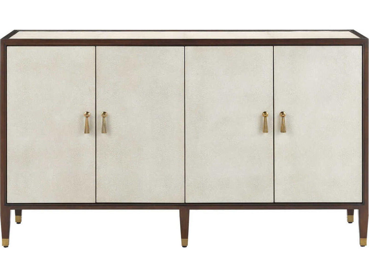 Currey and Company Evie Shagreen Credenza in Ivory and Dark Walnut with Brass Pulls