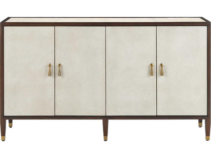 Currey and Company Evie Shagreen Credenza in Ivory and Dark Walnut with Brass Pulls