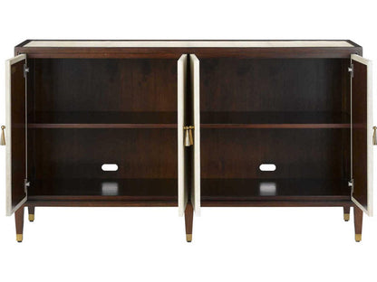 Currey and Company Evie Shagreen Credenza in Ivory and Dark Walnut with Brass Pulls