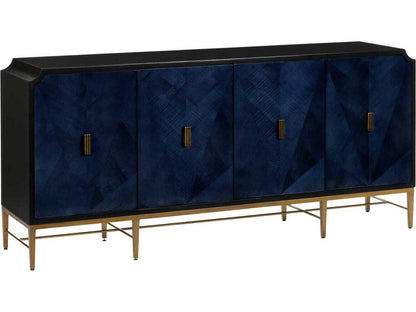 Currey and Company Kallista 4-Door Sycamore Veneer Credenza in Dark Sapphire Blue and Caviar Black