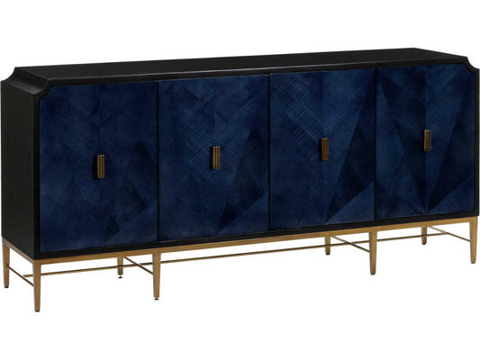 Currey and Company Kallista 4-Door Sycamore Veneer Credenza in Dark Sapphire Blue and Caviar Black