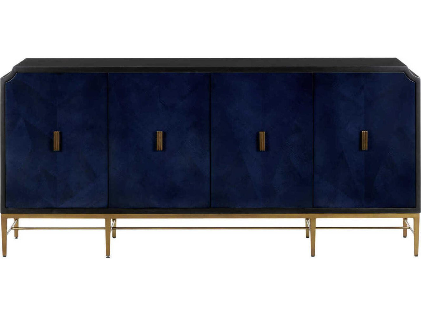 Currey and Company Kallista 4-Door Sycamore Veneer Credenza in Dark Sapphire Blue and Caviar Black