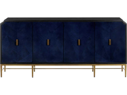 Currey and Company Kallista 4-Door Sycamore Veneer Credenza in Dark Sapphire Blue and Caviar Black