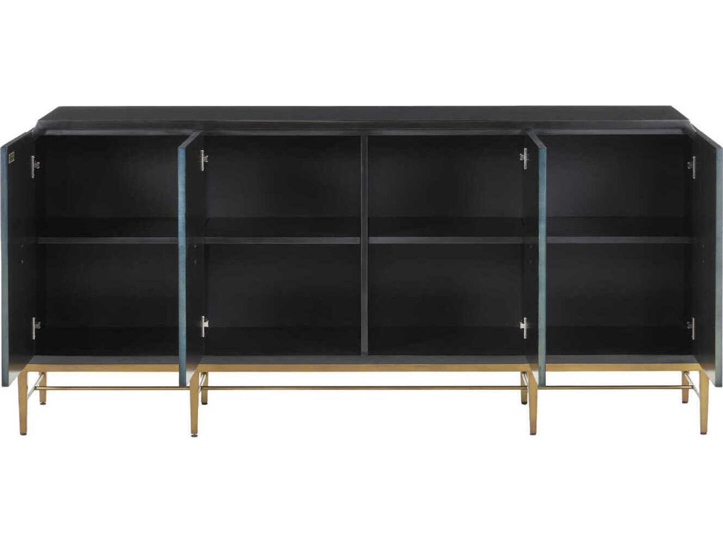 Currey and Company Kallista 4-Door Sycamore Veneer Credenza in Dark Sapphire Blue and Caviar Black