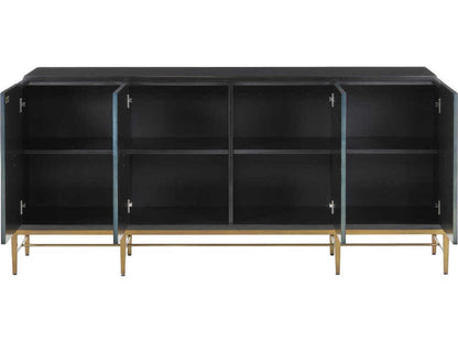 Currey and Company Kallista 4-Door Sycamore Veneer Credenza in Dark Sapphire Blue and Caviar Black
