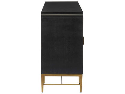 Currey and Company Kallista 4-Door Sycamore Veneer Credenza in Dark Sapphire Blue and Caviar Black