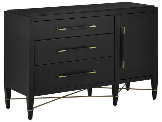 Currey and Company Verona Three-Drawer Chest in Black Lacquered Linen and Champagne