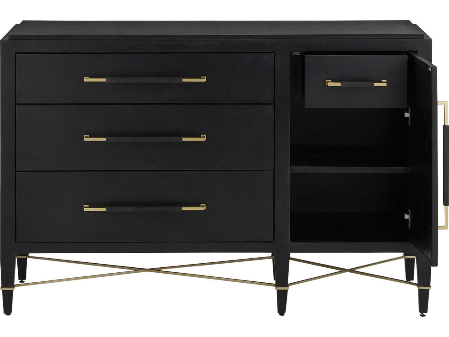 Currey and Company Verona Three-Drawer Chest in Black Lacquered Linen and Champagne