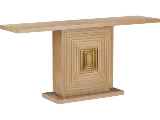 Currey and Company Morombe Console Table Washed Oak Wood with Brass Medallion