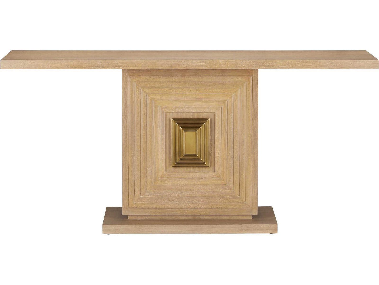 Currey and Company Morombe Console Table Washed Oak Wood with Brass Medallion