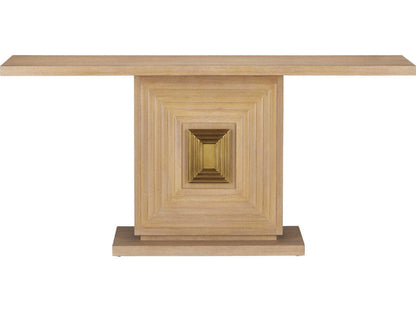 Currey and Company Morombe Console Table Washed Oak Wood with Brass Medallion