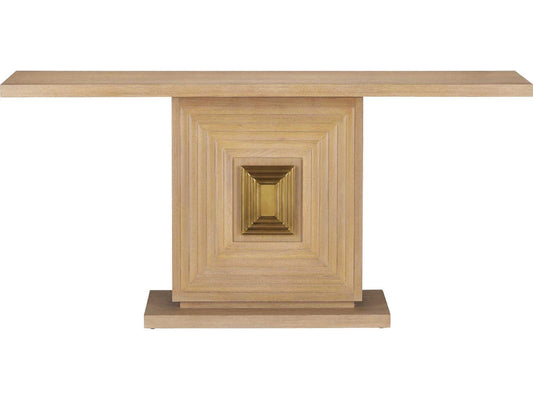 Currey and Company Morombe Console Table Washed Oak Wood with Brass Medallion