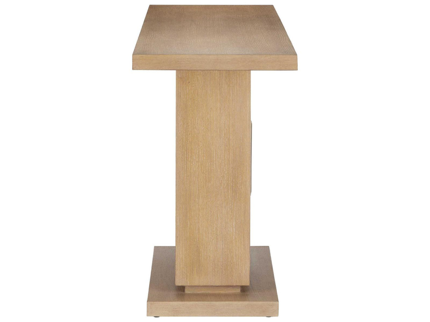 Currey and Company Morombe Console Table Washed Oak Wood with Brass Medallion