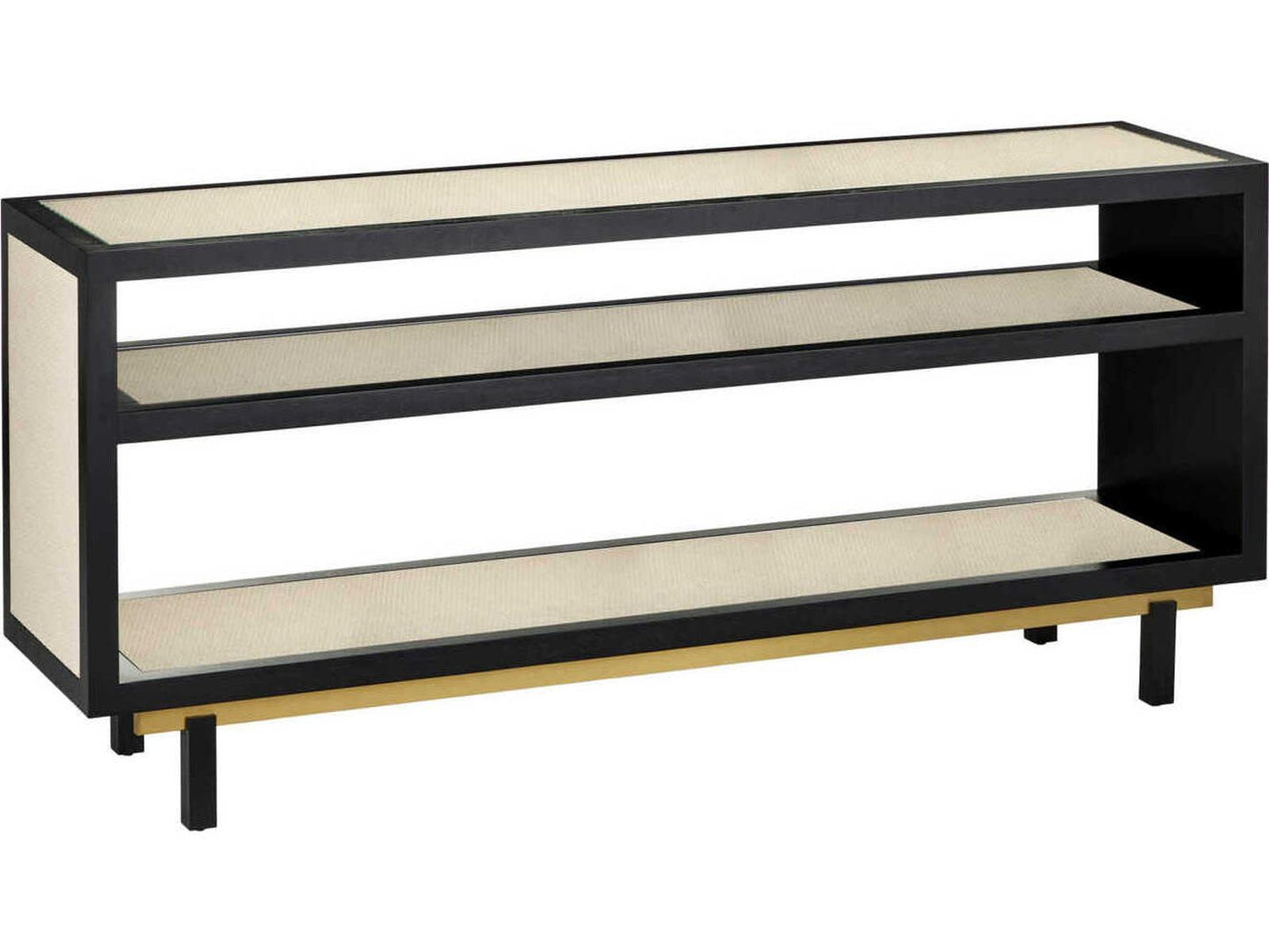 Currey and Company Deanna Rectangular Console Table Raffia Okoume Wood Ivory Black Brushed Brass
