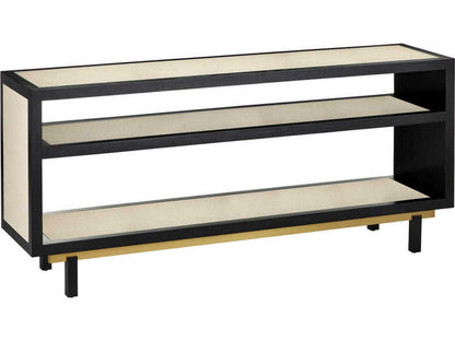 Currey and Company Deanna Rectangular Console Table Raffia Okoume Wood Ivory Black Brushed Brass