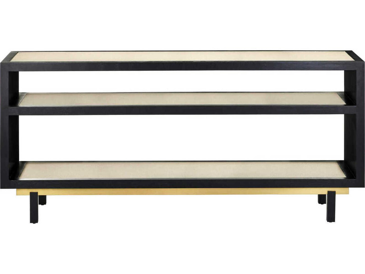 Currey and Company Deanna Rectangular Console Table Raffia Okoume Wood Ivory Black Brushed Brass