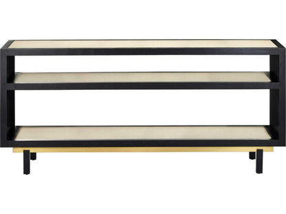 Currey and Company Deanna Rectangular Console Table Raffia Okoume Wood Ivory Black Brushed Brass