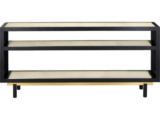 Currey and Company Deanna Rectangular Console Table Raffia Okoume Wood Ivory Black Brushed Brass