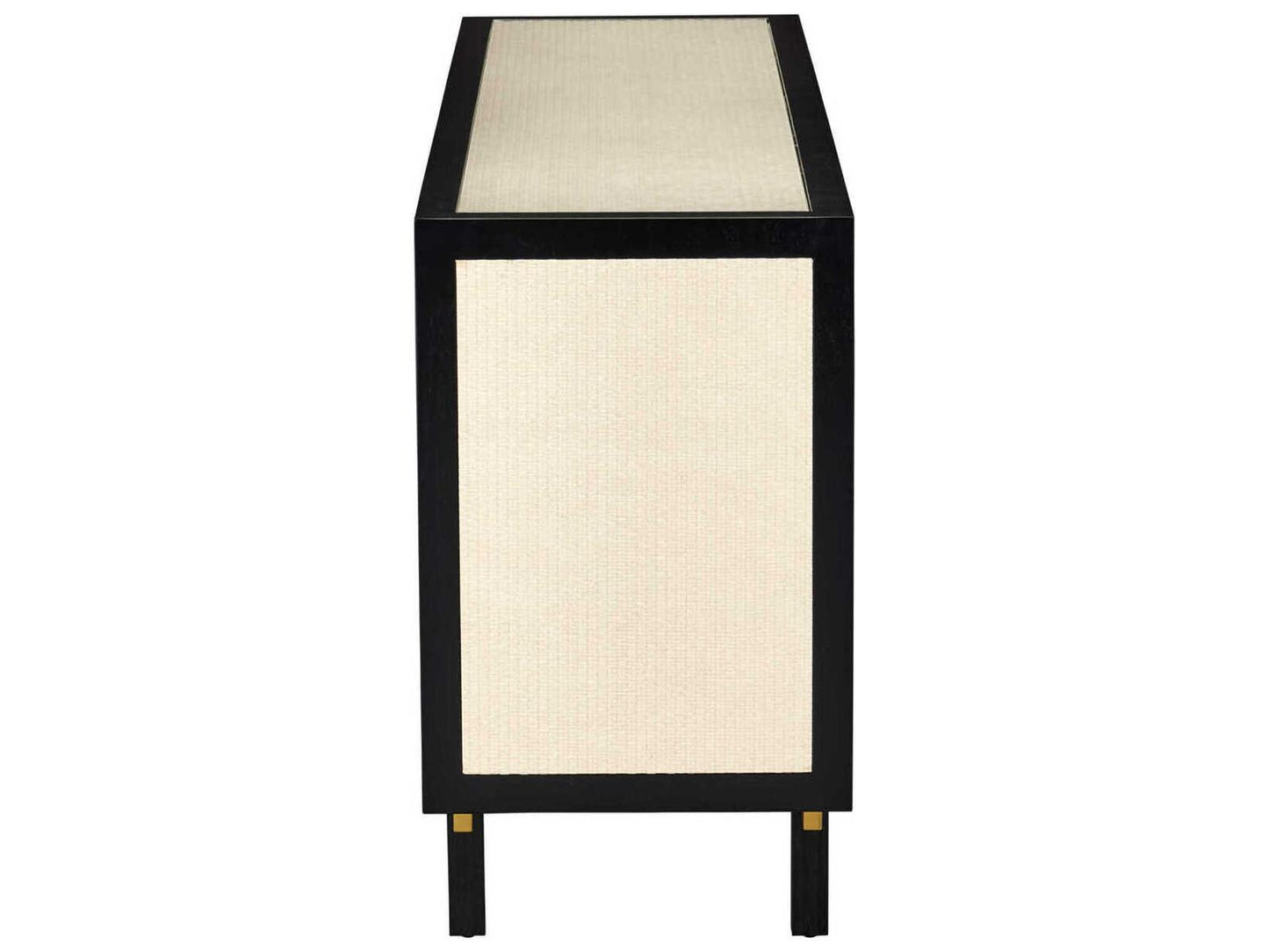 Currey and Company Deanna Rectangular Console Table Raffia Okoume Wood Ivory Black Brushed Brass
