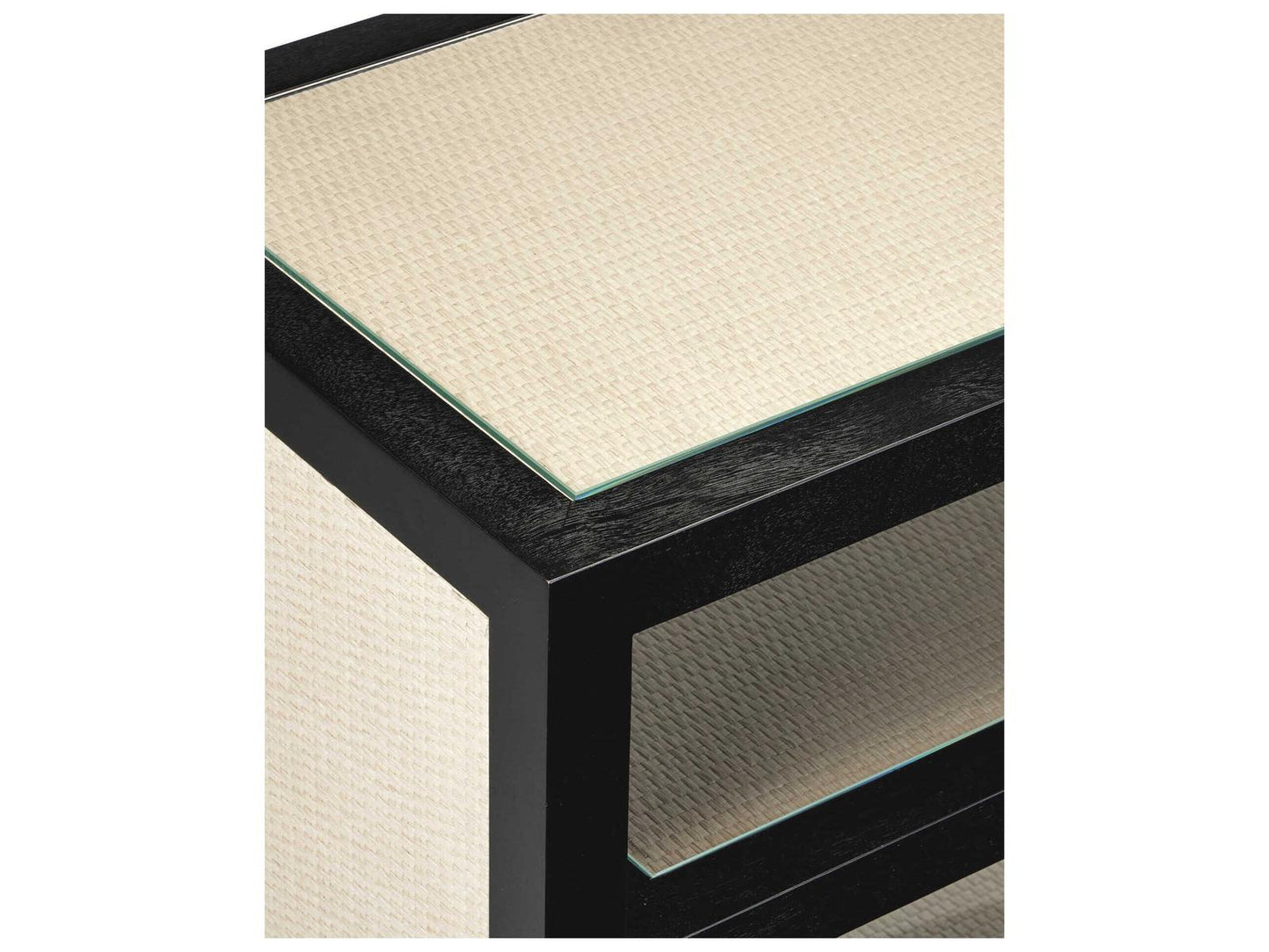 Currey and Company Deanna Rectangular Console Table Raffia Okoume Wood Ivory Black Brushed Brass