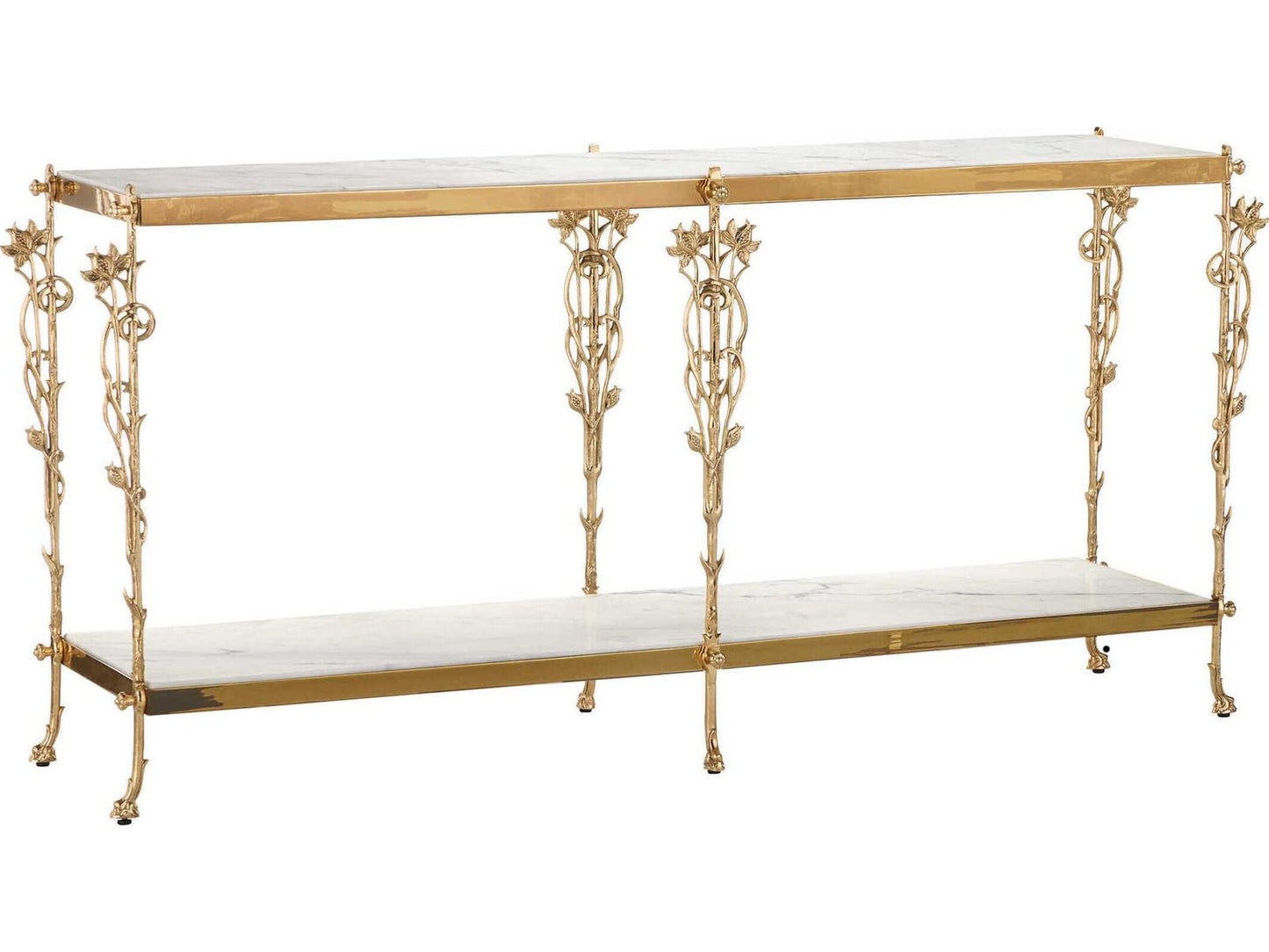 Currey and Company Fiore 72 Inch Polished Brass Console Table with Natural White Marble