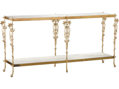 Currey and Company Fiore 72 Inch Polished Brass Console Table with Natural White Marble