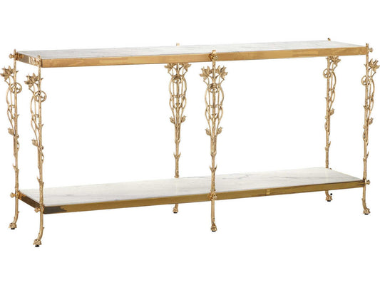 Currey and Company Fiore 72 Inch Polished Brass Console Table with Natural White Marble