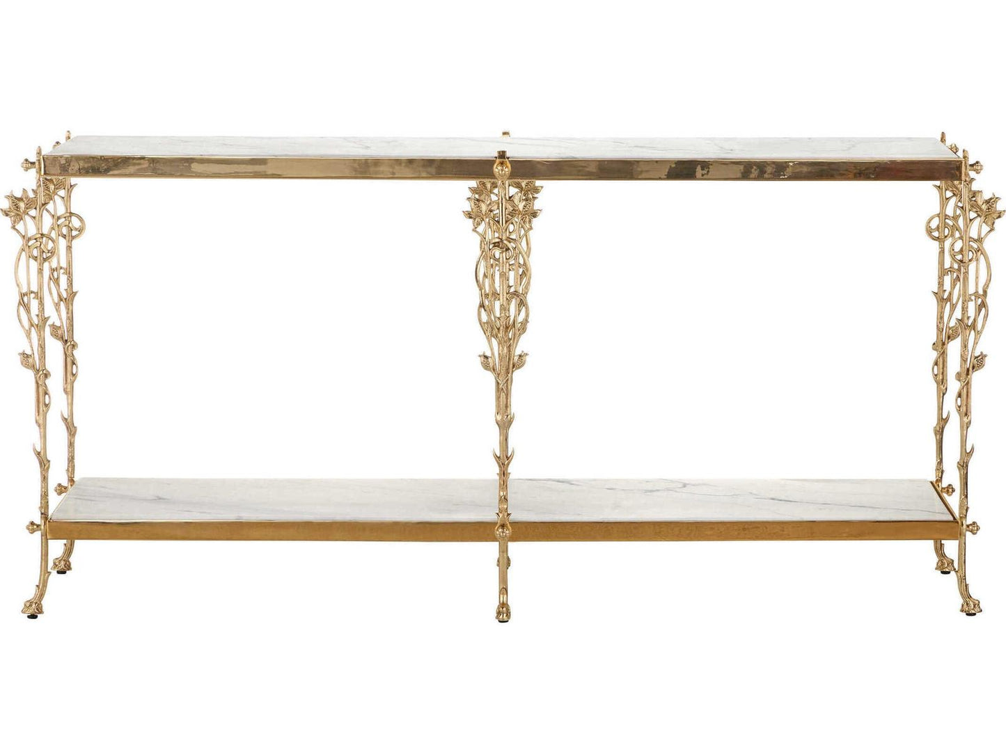 Currey and Company Fiore 72 Inch Polished Brass Console Table with Natural White Marble