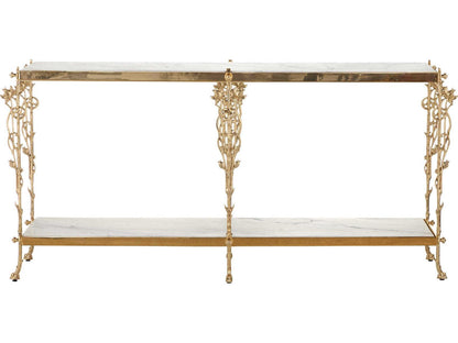 Currey and Company Fiore 72 Inch Polished Brass Console Table with Natural White Marble
