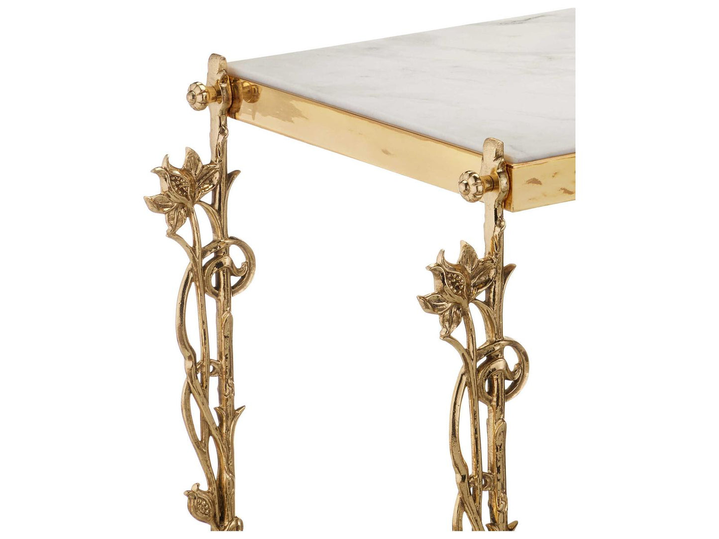 Currey and Company Fiore 72 Inch Polished Brass Console Table with Natural White Marble
