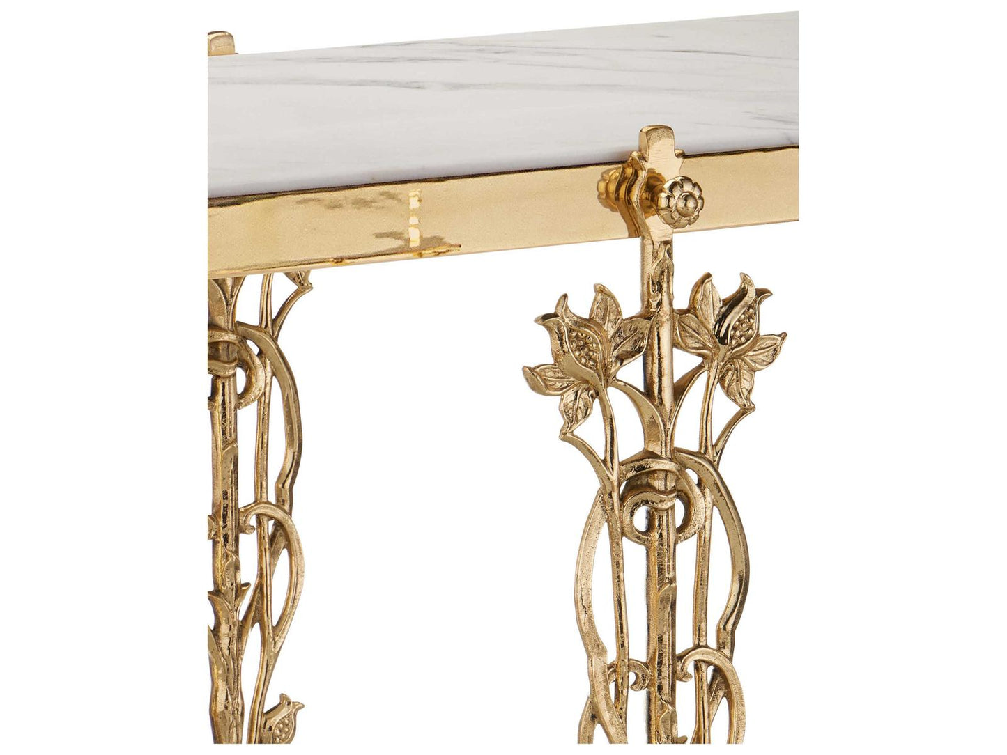 Currey and Company Fiore 72 Inch Polished Brass Console Table with Natural White Marble