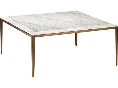 Currey and Company Oblique Square Coffee Table Natural Antique Brass with Marble Top