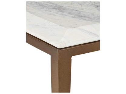 Currey and Company Oblique Square Coffee Table Natural Antique Brass with Marble Top